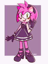 Size: 1536x2048 | Tagged: safe, artist:waifurrita, amy rose, abstract background, blushing, border, goth, goth amy, goth outfit, looking at viewer, signature, smile, standing