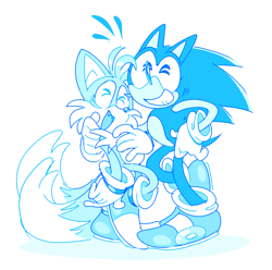 Size: 2048x2029 | Tagged: safe, artist:curryswirl, miles "tails" prower, sonic the hedgehog, arm around shoulders, blue, cute, duo, eyelashes, eyes closed, laughing, monochrome, mouth open, simple background, smile, sonabetes, standing, tailabetes, white background
