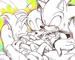 Size: 1280x1024 | Tagged: safe, artist:misterkanzaki, miles "tails" prower, sonic the hedgehog, abstract background, blushing, cute, duo, gay, hugging from behind, monochrome, shipping, smile, sonic x tails