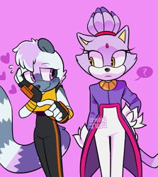 Size: 625x700 | Tagged: safe, artist:frootgum, blaze the cat, tangle the lemur, blushing, crush, duo, flustered, frown, heart, lesbian, looking at each other, purple background, question mark, shipping, signature, simple background, smile, standing, tanglaze