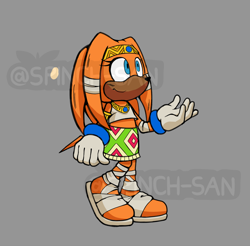 Size: 2048x2019 | Tagged: safe, artist:spinch-san, tikal, grey background, looking up, obtrusive watermark, signature, simple background, smile, solo, standing, watermark
