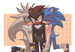 Size: 2000x1387 | Tagged: safe, artist:shuddos, shadow the hedgehog, silver the hedgehog, sonic the hedgehog, abstract background, blushing, cute, frown, gay, holding hands, polyamory, shadow x silver, shadow x sonic, shadowbetes, shipping, silvabetes, smile, sonabetes, sonadilver, sonilver, trio