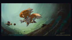Size: 1500x844 | Tagged: safe, artist:gears2gnomes, miles "tails" prower, abstract background, bomb, duo, flying, kicking, kukku, outdoors, signature, tails adventure