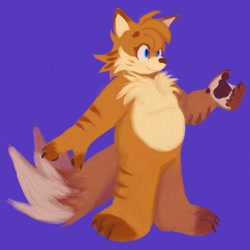 Size: 2044x2047 | Tagged: safe, artist:sonicattos, mangey, miles "tails" prower, sonic prime, claws, lineless, looking offscreen, pawpads, paws, purple background, simple background, smile, solo, standing, trans female, transgender