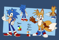 Size: 2048x1375 | Tagged: safe, artist:sirwolficus, miles "tails" prower, sonic the hedgehog, abstract background, blue shoes, brown gloves, character name, duo, looking at viewer, pointing, redesign, smile, top surgery scars, trans male, transgender, waving