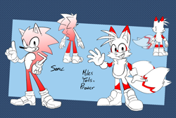 Size: 2048x1375 | Tagged: safe, artist:sirwolficus, miles "tails" prower, sonic the hedgehog, abstract background, alternate super form, alternate version, blue shoes, brown gloves, character name, duo, looking at viewer, pointing, redesign, smile, super form, top surgery scars, trans male, transgender, waving