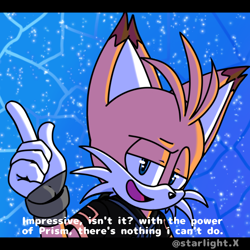 Size: 2048x2048 | Tagged: safe, artist:xxxxsrtaluna, miles "tails" prower, nine, sonic prime, sonic prime s2, abstract background, dialogue, english text, looking at viewer, pointing, smile, solo