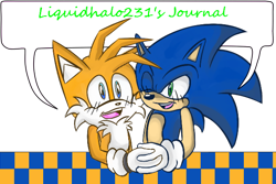 Size: 600x400 | Tagged: safe, artist:blazedoughnut, miles "tails" prower, sonic the hedgehog, 2012, blushing, commission, dialogue, duo, english text, gay, holding something, looking at viewer, mouth open, semi-transparent background, shipping, smile, sonic x tails, speech bubble, wink