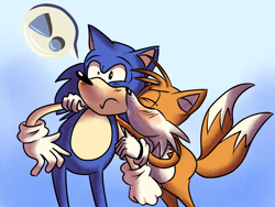 Size: 1200x900 | Tagged: safe, artist:future-gamefreak, miles "tails" prower, sonic the hedgehog, 2013, duo, exclamation mark, frown, gay, gradient background, holding another's arm, holding them, kiss on cheek, shipping, sonic x tails, standing, surprised