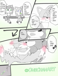 Size: 840x1096 | Tagged: safe, artist:onechanart, miles "tails" prower, sonic the hedgehog, 2021, blushing, blushing ears, comic, dialogue, duo, eating, english text, floppy ears, gay, gradient background, greyscale, kiss, mint candy, monochrome, musical note, panels, shipping, signature, smile, sonic x tails