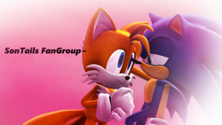 Size: 1280x720 | Tagged: safe, artist:metalclassy, miles "tails" prower, sonic the hedgehog, 3d, banner, duo, english text, gay, gradient background, hand on another's head, lidded eyes, looking at each other, ship name, shipping, smile, sonic x tails