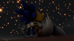 Size: 1920x1080 | Tagged: safe, artist:shadamyfan4evers, miles "tails" prower, sonic the hedgehog, 2016, 3d, abstract background, duo, gay, holding each other, nighttime, outdoors, shipping, sonic x tails, star (sky)
