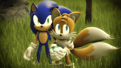 Size: 1920x1080 | Tagged: safe, artist:shadamyfan4evers, miles "tails" prower, sonic the hedgehog, 2016, 3d, abstract background, arm around shoulders, duo, gay, grass, outdoors, shipping, smile, sonic x tails
