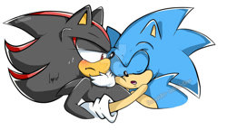 Size: 900x518 | Tagged: safe, artist:ingriid-chan, shadow the hedgehog, sonic the hedgehog, 2014, blushing, deviantart watermark, duo, frown, gay, hugging, looking at them, obtrusive watermark, shadow x sonic, shipping, simple background, sleeping, speedpaint available, speedpaint in description, watermark, white background