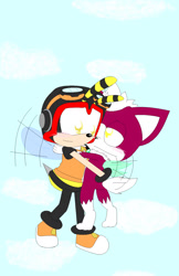 Size: 1104x1705 | Tagged: safe, artist:samarragothika8, charmy bee, chip, 2009, blushing, charmip, clouds, crack shipping, cute, daytime, duo, flapping wings, flying, gay, holding each other, hugging, outdoors, shipping, smile