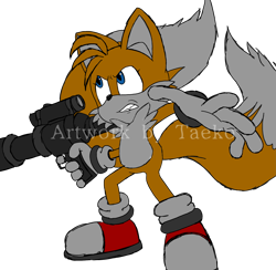 Size: 2545x2488 | Tagged: safe, artist:taeko, miles "tails" prower, 2024, alternate version, bazooka, clenched teeth, eyelashes, female, holding something, looking offscreen, obtrusive watermark, one fang, shadow the hedgehog (video game), simple background, solo, standing, transparent background, watermark