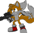 Size: 2545x2488 | Tagged: safe, artist:taeko, miles "tails" prower, fox, 2024, alternate version, bazooka, clenched teeth, eyelashes, female, holding something, looking offscreen, obtrusive watermark, one fang, shadow the hedgehog (video game), simple background, solo, standing, transparent background, watermark, weapon
