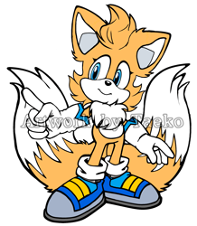 Size: 2321x2665 | Tagged: safe, artist:taeko, skye prower, fox, alternate shoes, chest fluff, ear fluff, eyelashes, female, obtrusive watermark, redraw, simple background, smile, solo, trans female, transgender, transparent background, two tails, watermark