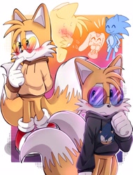 Size: 1557x2048 | Tagged: safe, artist:_ra_fox_, cream the rabbit, miles "tails" prower, sonic the hedgehog, 2024, abstract background, blushing, frown, hoodie, smile, solo focus, sunglasses, trio