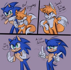 Size: 1280x1255 | Tagged: safe, artist:circuscoyote, miles "tails" prower, sonic the hedgehog, dialogue, duo, english text, panels, purple background, simple background, top surgery scars, trans male, transgender, trolls band together, wagging tail, wet willy