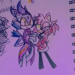 Size: 540x540 | Tagged: safe, artist:thetwiggiesttwig, amy rose, blaze the cat, cat, hedgehog, 2020, amy x blaze, cute, female, females only, holding hands, lesbian, looking at viewer, mario & sonic at the olympic games, mouth open, one eye closed, shipping, traditional media, winter outfit
