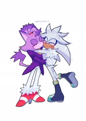 Size: 1448x2048 | Tagged: safe, artist:spinningwannabe, blaze the cat, silver the hedgehog, 2024, cute, duo, english text, eyelashes, hugging, not shipping, platonic, simple background, smile, standing, white background