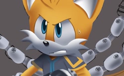 Size: 1279x790 | Tagged: safe, artist:sakura_2739, miles "tails" prower, nine, sonic prime, 2024, clenched teeth, faux 3d, grey background, simple background, solo, sweatdrop