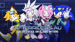 Size: 2048x1152 | Tagged: safe, artist:bulletstations, amy rose, miles "tails" prower, silver the hedgehog, sonic the hedgehog, 2024, abstract background, alternate universe, au:after riders, backwards v sign, clothes, english text, goggles, goggles on head, group, older, sonic riders, sunglasses, v sign