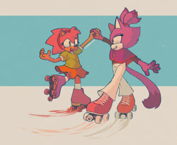 Size: 540x444 | Tagged: safe, artist:lovedeltaa, amy rose, blaze the cat, cat, hedgehog, 2020, amy x blaze, amy's classic dress, classic amy, cute, female, females only, holding hands, lesbian, looking at each other, rollerskates, shipping