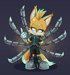 Size: 1923x2048 | Tagged: safe, artist:akarisandraws, miles "tails" prower, nine, sonic prime, 2024, abstract background, grin, lidded eyes, pointing, solo, standing