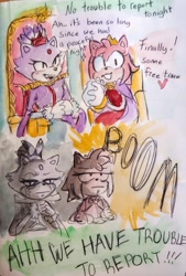 Size: 1387x2048 | Tagged: safe, artist:mysuperlaserpiss, amy rose, blaze the cat, cat, hedgehog, 2020, amy x blaze, crown, cute, english text, female, females only, heart, lesbian, mouth open, shipping, throne, traditional media