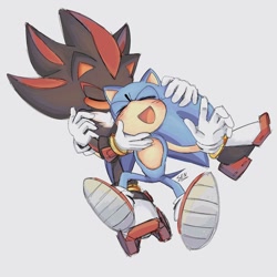 Size: 1280x1280 | Tagged: safe, artist:cherry_linss, shadow the hedgehog, sonic the hedgehog, 2024, blushing, cute, duo, eyes closed, gay, grey background, holding them, mouth open, shadow x sonic, shadowbetes, shipping, signature, simple background, sitting, smile, sonabetes
