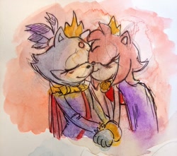 Size: 2048x1813 | Tagged: safe, artist:mysuperlaserpiss, amy rose, blaze the cat, cat, hedgehog, 2020, amy x blaze, crown, cute, eyes closed, female, females only, holding hands, kiss on cheek, lesbian, shipping