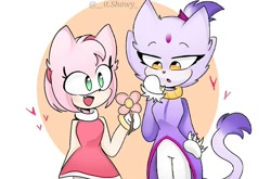 Size: 1080x711 | Tagged: safe, artist:itshowy, amy rose, blaze the cat, cat, hedgehog, 2020, amy x blaze, amy's halterneck dress, blaze's tailcoat, cute, female, females only, flower, hand on cheek, hearts, lesbian, looking at them, mouth open, shipping
