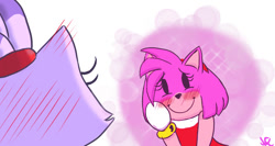 Size: 600x320 | Tagged: safe, artist:nataszaluiz, amy rose, blaze the cat, cat, hedgehog, 2019, alternate version, amy x blaze, amy's halterneck dress, blushing, cute, female, females only, hand on cheek, lesbian, looking at each other, shipping, smile