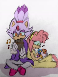 Size: 1536x2048 | Tagged: safe, artist:astrospacerocket, amy rose, blaze the cat, cat, hedgehog, 2019, amy x blaze, blaze's tailcoat, cute, female, females only, flowers, lesbian, musical notes, shipping