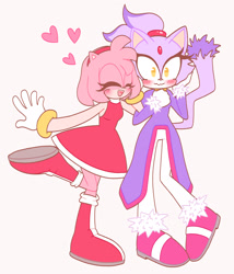 Size: 1756x2048 | Tagged: safe, artist:sugar_milkk, amy rose, blaze the cat, cat, hedgehog, 2020, amy x blaze, amy's halterneck dress, blaze's tailcoat, blushing, cute, eyes closed, female, females only, hand on cheek, hearts, lesbian, mouth open, shipping