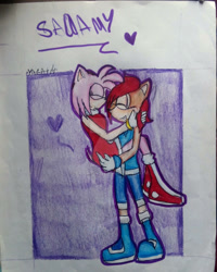Size: 1024x1279 | Tagged: safe, artist:yarat14, amy rose, sally acorn, 2018, carrying them, cute, deviantart watermark, duo, eyes closed, heart, lesbian, sallamy, ship name, shipping, smile, traditional media, watermark