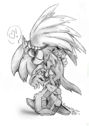 Size: 1000x1414 | Tagged: safe, artist:raikornbiez, jet the hawk, sonic the hedgehog, 2017, blushing, duo, exclamation mark, gay, greyscale, heart, holding them, kiss, shipping, signature, simple background, sonjet, white background