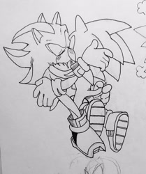 Size: 858x1024 | Tagged: safe, artist:nisehog, shadow the hedgehog, sonic the hedgehog, 2020, blushing, duo, eyes closed, gay, holding each other, line art, shadow x sonic, shipping, traditional media