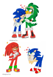 Size: 1857x2677 | Tagged: safe, artist:milk-green-tea, jet the hawk, knuckles the echidna, sonic the hedgehog, 2019, blushing, cute, gay, heart, jetabetes, knucklebetes, knuxonic, lineless, shipping, signature, simple background, sonabetes, sonjet, sparkles, trio, white background