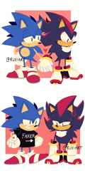 Size: 2080x4324 | Tagged: safe, artist:ruviart, shadow the hedgehog, sonic the hedgehog, 2021, abstract background, blushing, blushing ears, classic shadow, classic sonic, classic style, duo, faker, frown, gay, holding hands, meme, shadow x sonic, shipping, shirt, signature, smile, standing, words on a shirt