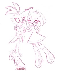 Size: 540x674 | Tagged: safe, artist:goreyvamp, amy rose, blaze the cat, cat, hedgehog, 2021, amy x blaze, amy's halterneck dress, blaze's tailcoat, cute, eyes closed, female, females only, hand on back, holding hands, lesbian, line art, looking at them, mouth open, shipping, sketch