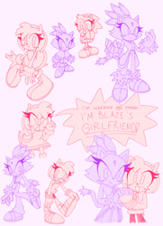 Size: 540x747 | Tagged: safe, artist:sugar_milkk, amy rose, blaze the cat, cat, hedgehog, 2021, amy x blaze, amy's halterneck dress, blaze's tailcoat, cute, english text, female, females only, lesbian, line art, looking at viewer, mario & sonic at the olympic games, mouth open, shipping, sketch, winter outfit