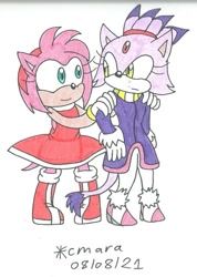 Size: 540x758 | Tagged: safe, artist:carlycmarathecat, amy rose, blaze the cat, cat, hedgehog, 2021, amy x blaze, amy's halterneck dress, blaze's tailcoat, cute, female, females only, hands on shoulders, lesbian, looking at each other, shipping, traditional media