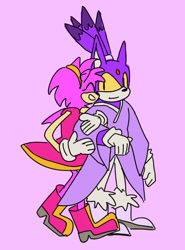 Size: 529x716 | Tagged: safe, artist:minorsilver, amy rose, blaze the cat, cat, hedgehog, 2023, amy x blaze, amy's halterneck dress, cute, eyes closed, female, females only, holding arm, lesbian, shipping