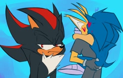 Size: 2047x1296 | Tagged: safe, artist:saturnlevite, miles "tails" prower, nine, shadow the hedgehog, sonic the hedgehog, sonic prime, 2024, abstract background, carrying them, frown, gay, kiss, lidded eyes, nine x sonic, scene parody, shipping, signature, sonic prime s3, sonic x tails, trio