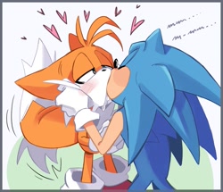 Size: 1161x1000 | Tagged: safe, artist:anodecristo, miles "tails" prower, sonic the hedgehog, 2022, abstract background, border, drooling, duo, eyes closed, gay, heart, holding each other, kiss, lidded eyes, looking at them, saliva, shipping, sloppy kissing, sonic x tails