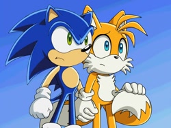 Size: 640x480 | Tagged: artist needed, source needed, safe, miles "tails" prower, sonic the hedgehog, abstract background, duo, frown, gay, holding hands, holding tail, looking offscreen, shipping, sonic x style, sonic x tails, standing