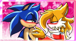 Size: 1024x558 | Tagged: safe, artist:silveralchemist09, miles "tails" prower, sonic the hedgehog, 2011, abstract background, blushing, duo, gay, lidded eyes, older, shipping, sonic x tails